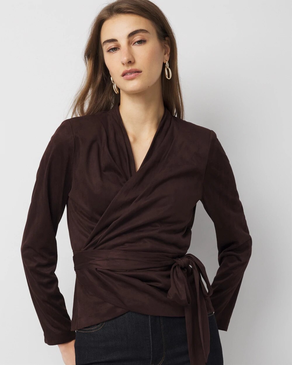Petite Faux Suede Wrap Blouse Espresso Martini