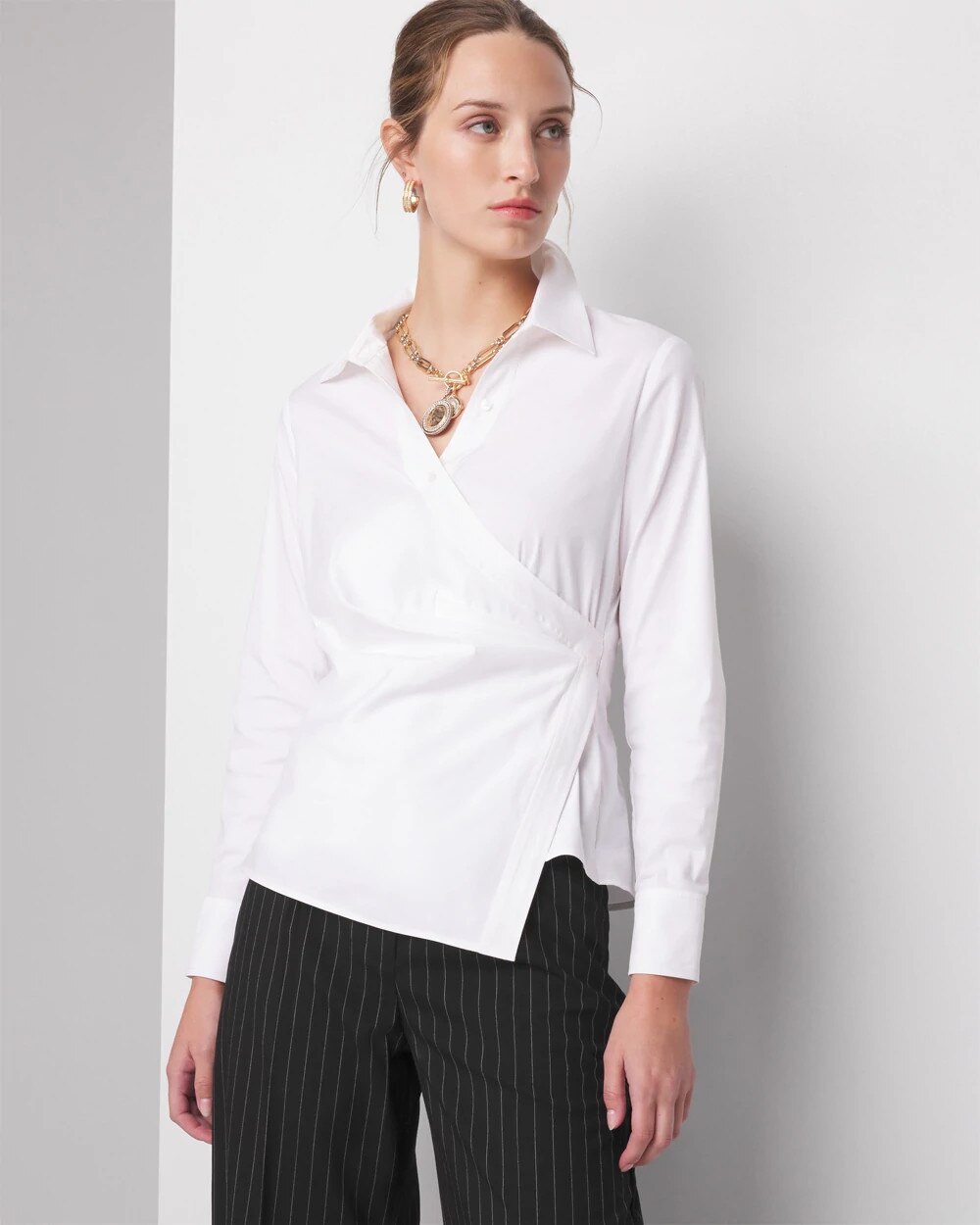 Petite Long Sleeve Surplice Poplin Shirt White