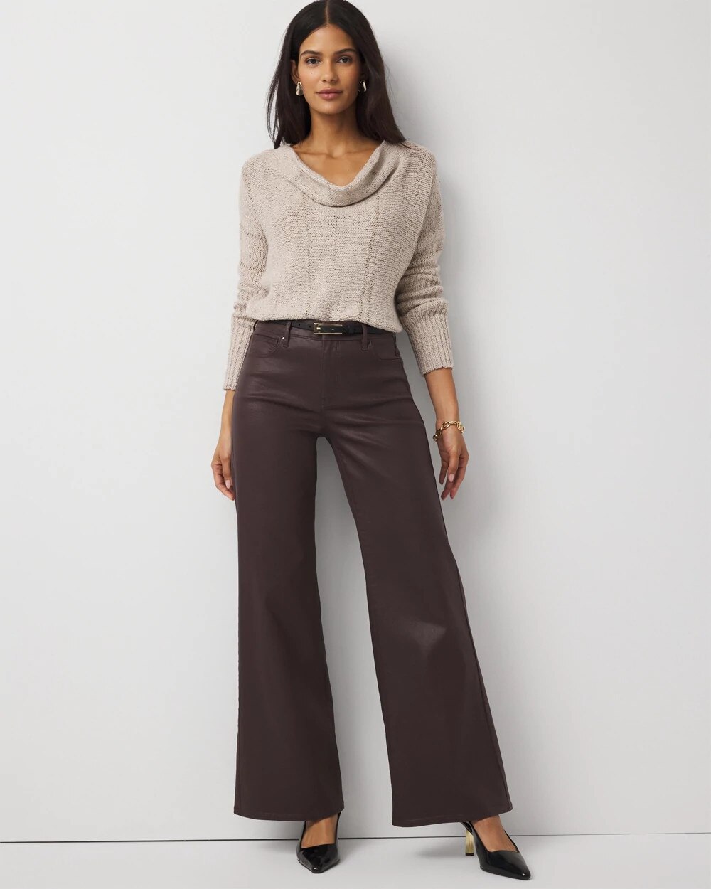 Petite Coated Denim High Rise Wide Leg Jean Reno Coated Brown