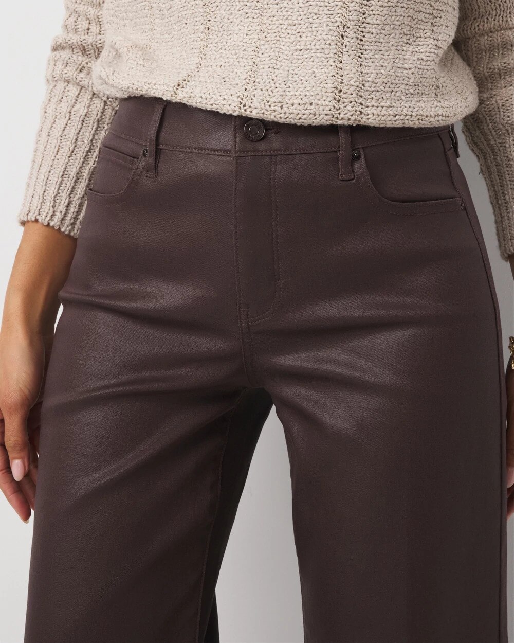 Petite Coated Denim High Rise Wide Leg Jean Reno Coated Brown