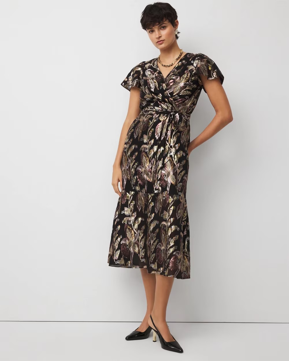 Metallic Floral Surplice Midi Dress Multi Lurex Floral Black