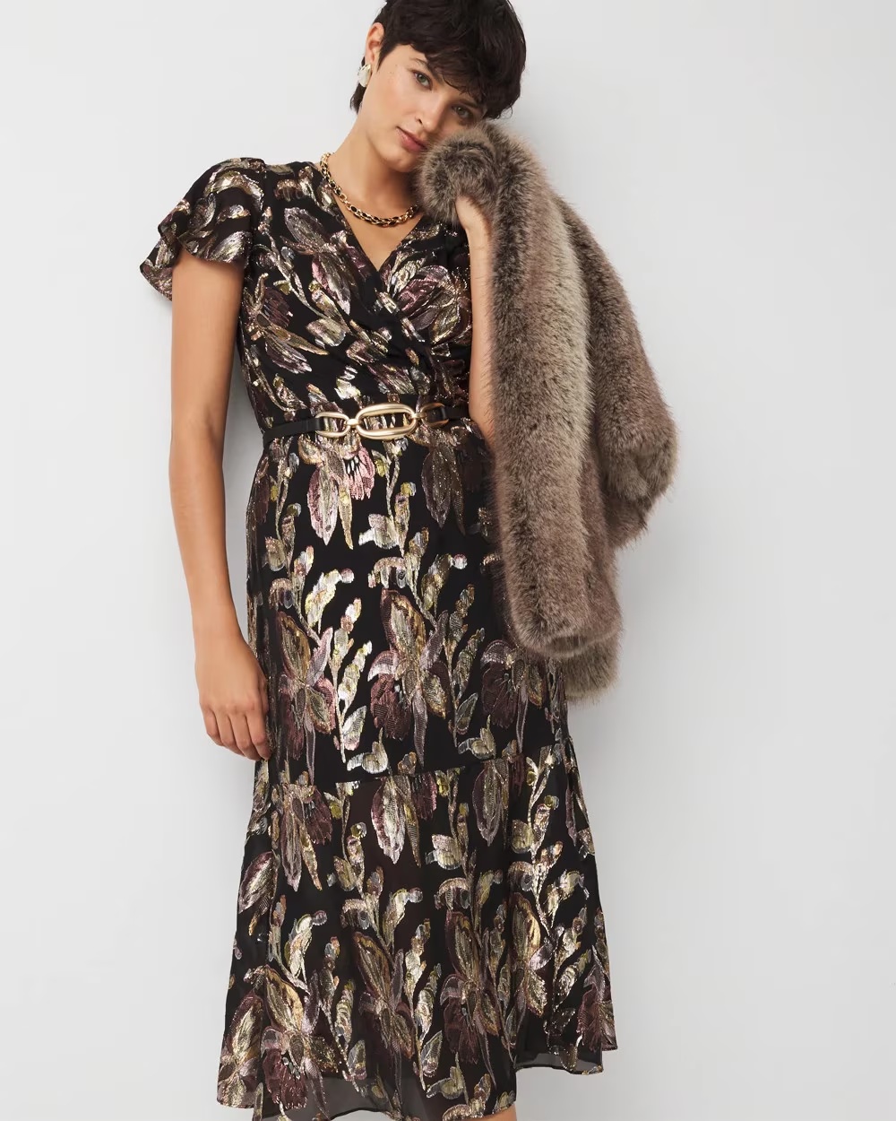 Metallic Floral Surplice Midi Dress Multi Lurex Floral Black