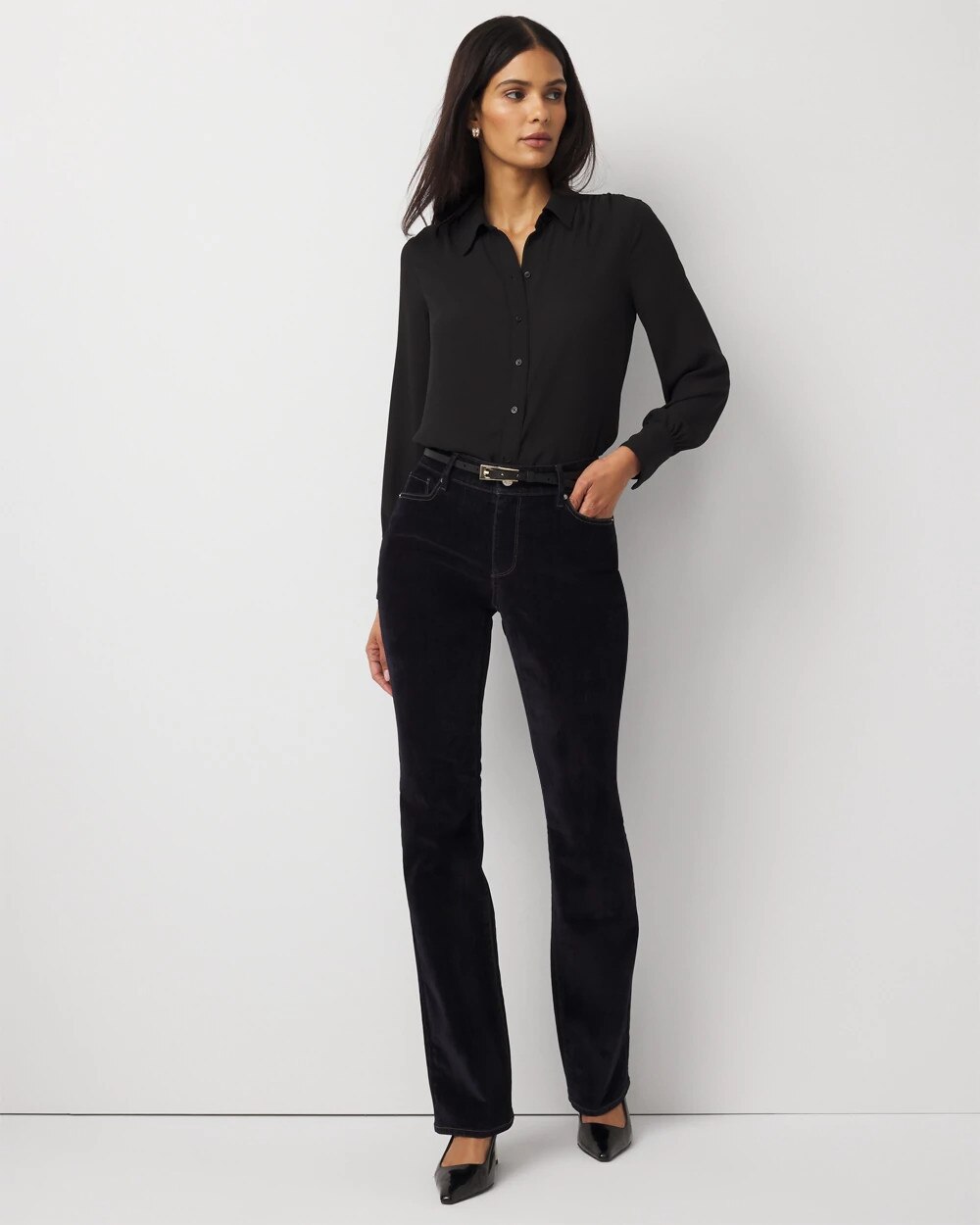 Petite Flocked Denim Mid Rise Bootcut Jean Indigo Navy Flocking