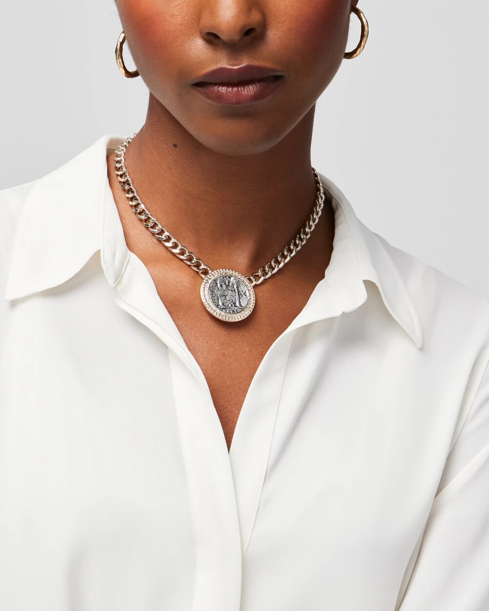 Mixed-Metal Coin Short Necklace Gold w Silver