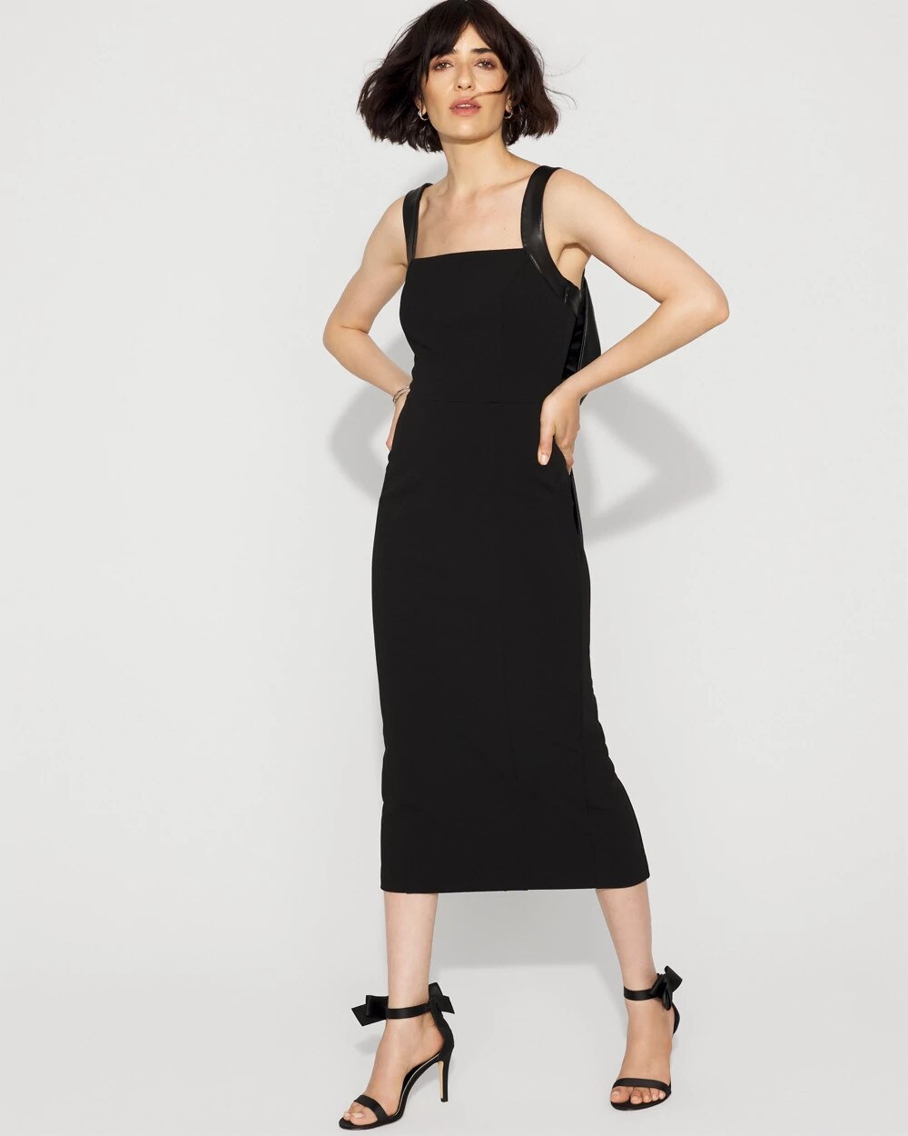 Crepe + Faux Leather Bow Midi Dress Black
