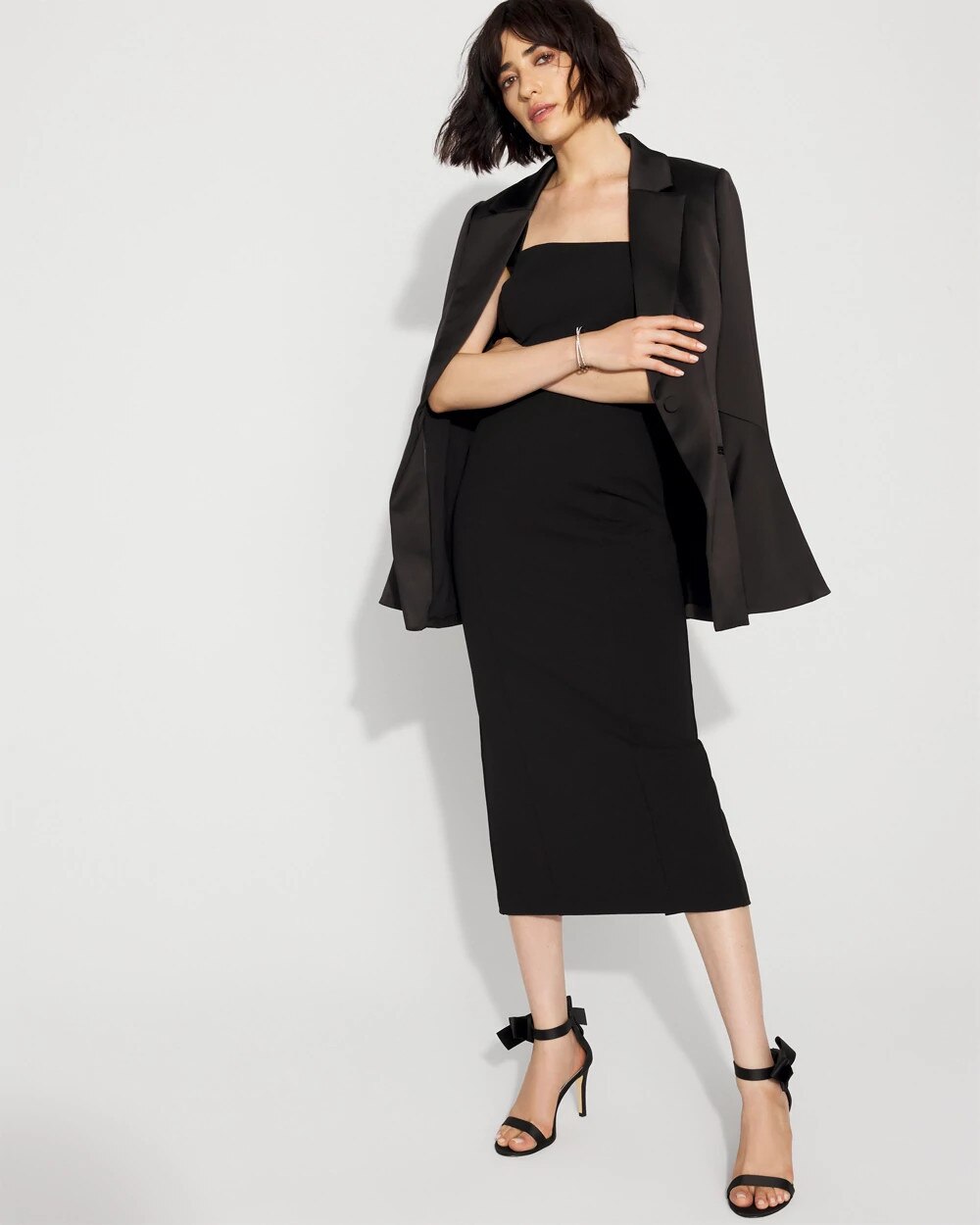 Crepe + Faux Leather Bow Midi Dress Black