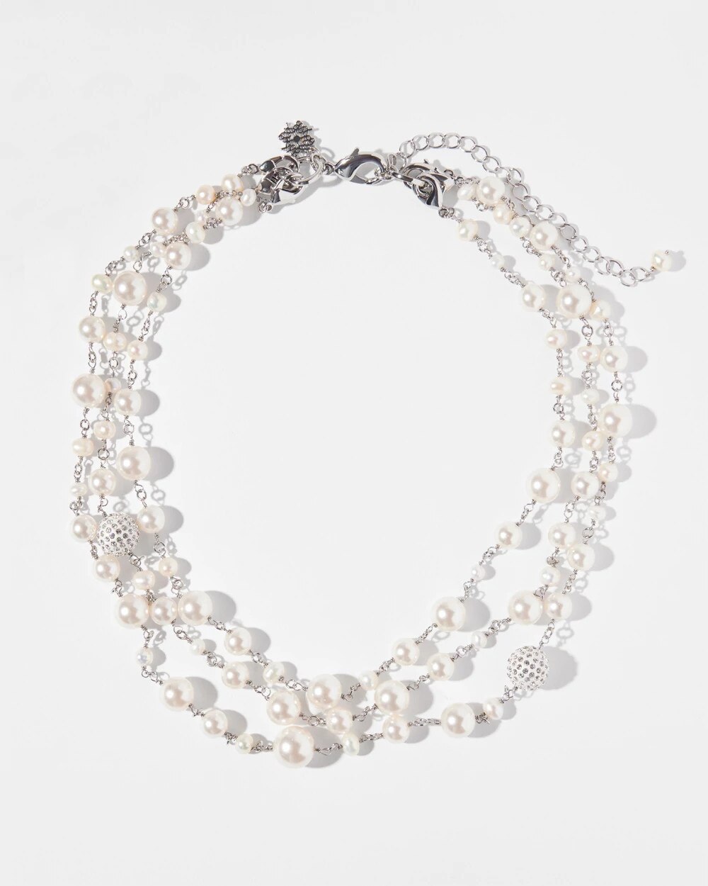 Multi Pearl Strand Necklace White w Silver
