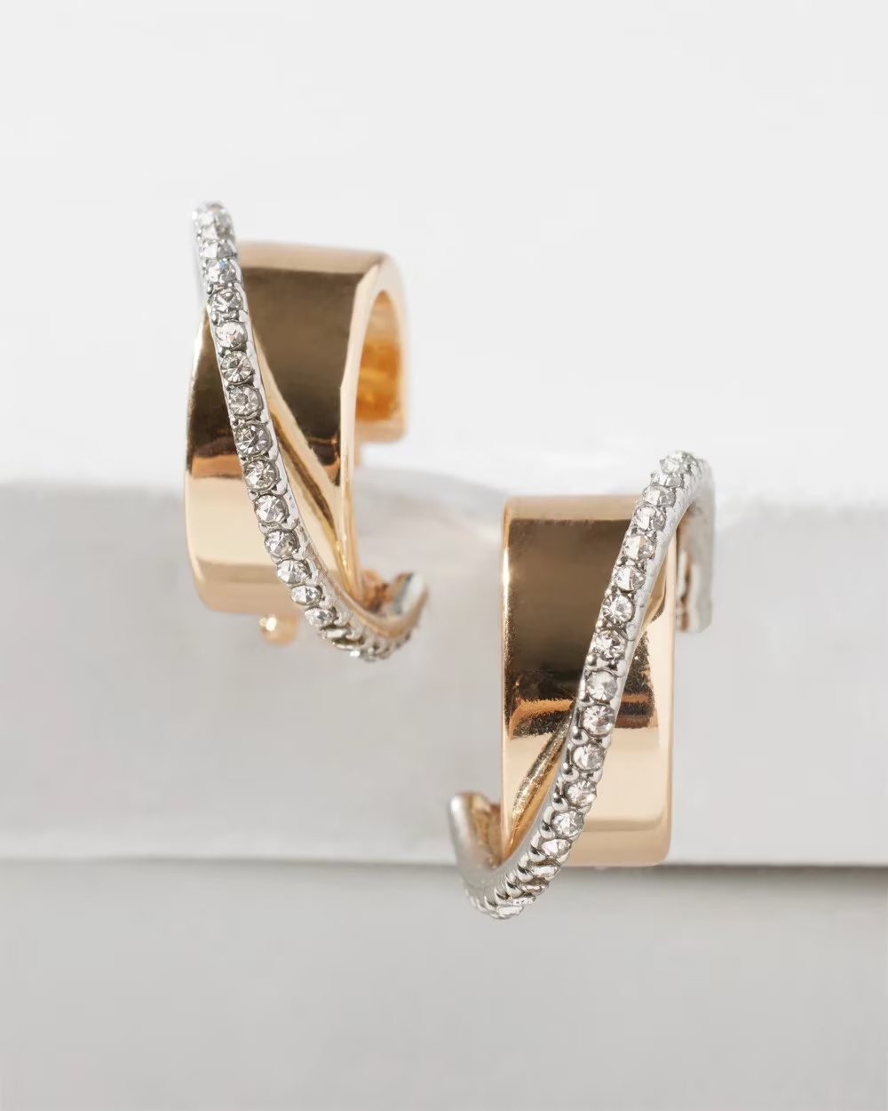 Crystal Pave Huggie Earrings Gold w Silver
