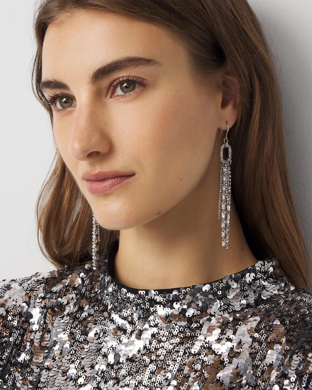 Rhinestone Fringe Drop Earrings Silver