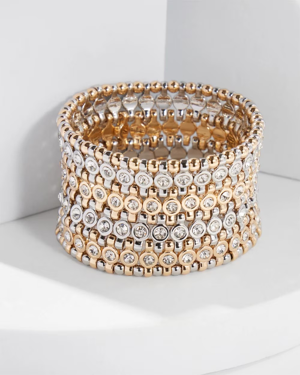 Pav√©-Accent Wide Stretch Bracelet Silver w Gold