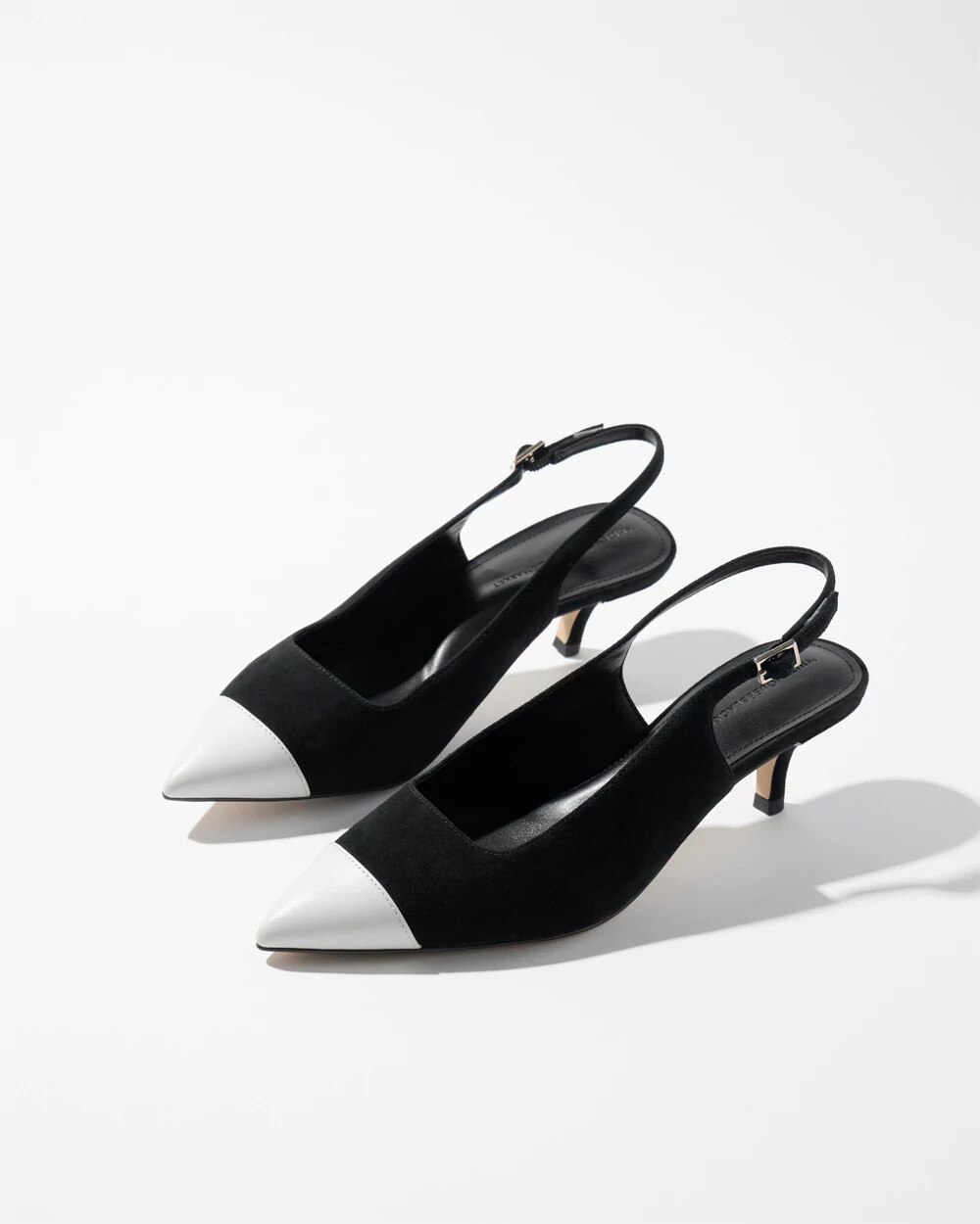 Cap Toe Suede Slingback Kitten Heels Black w Ecru