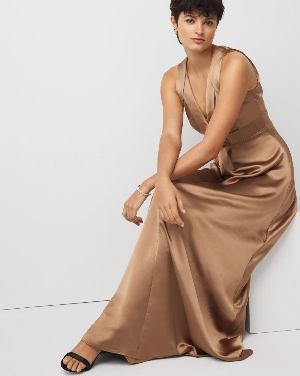 Sleeveless Satin Gown Soft Camel