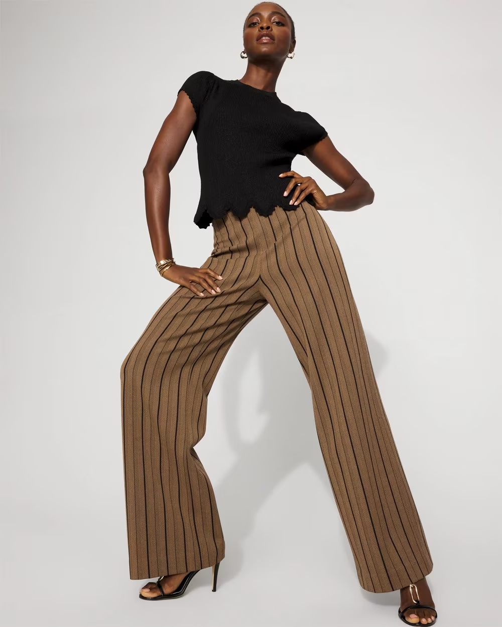 High-Rise Striped Jacquard Wide-Leg Pant Black/Taupe Tease