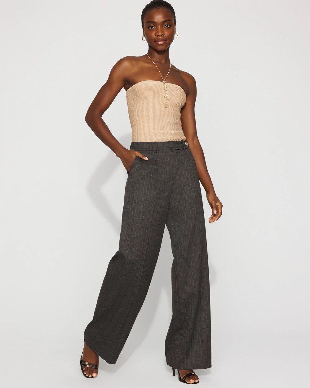 High-Rise Pinstriped Wide-Leg Pant Gray With Brown Pinstripe