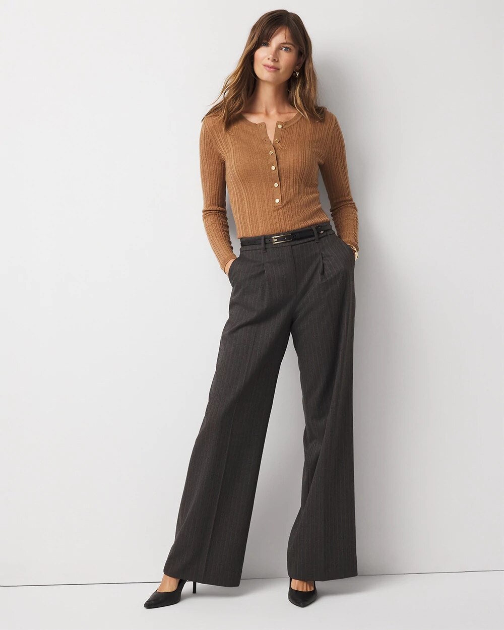 High-Rise Pinstriped Wide-Leg Pant Gray With Brown Pinstripe