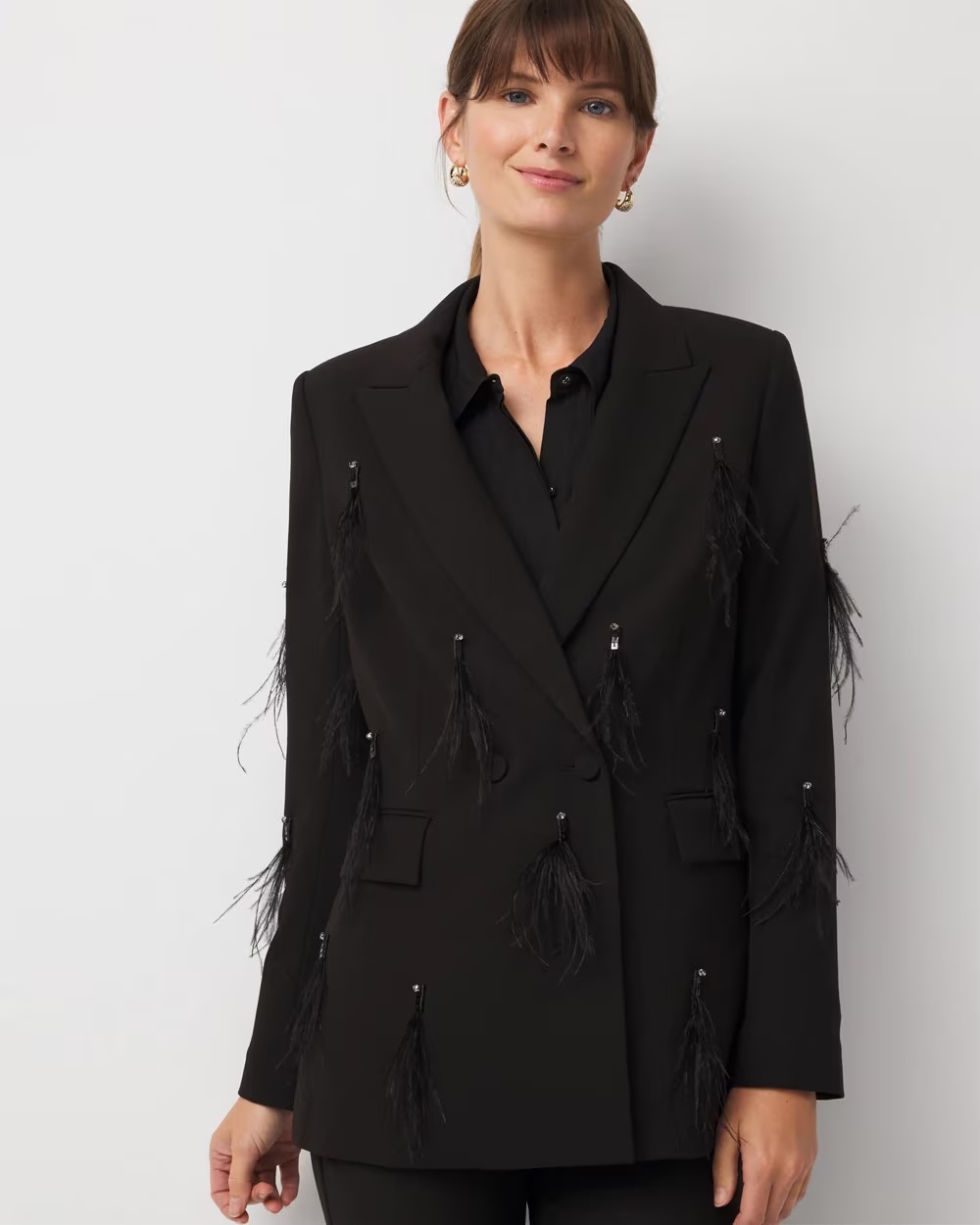 Feather Embellished Double-Breasted Blazer Black