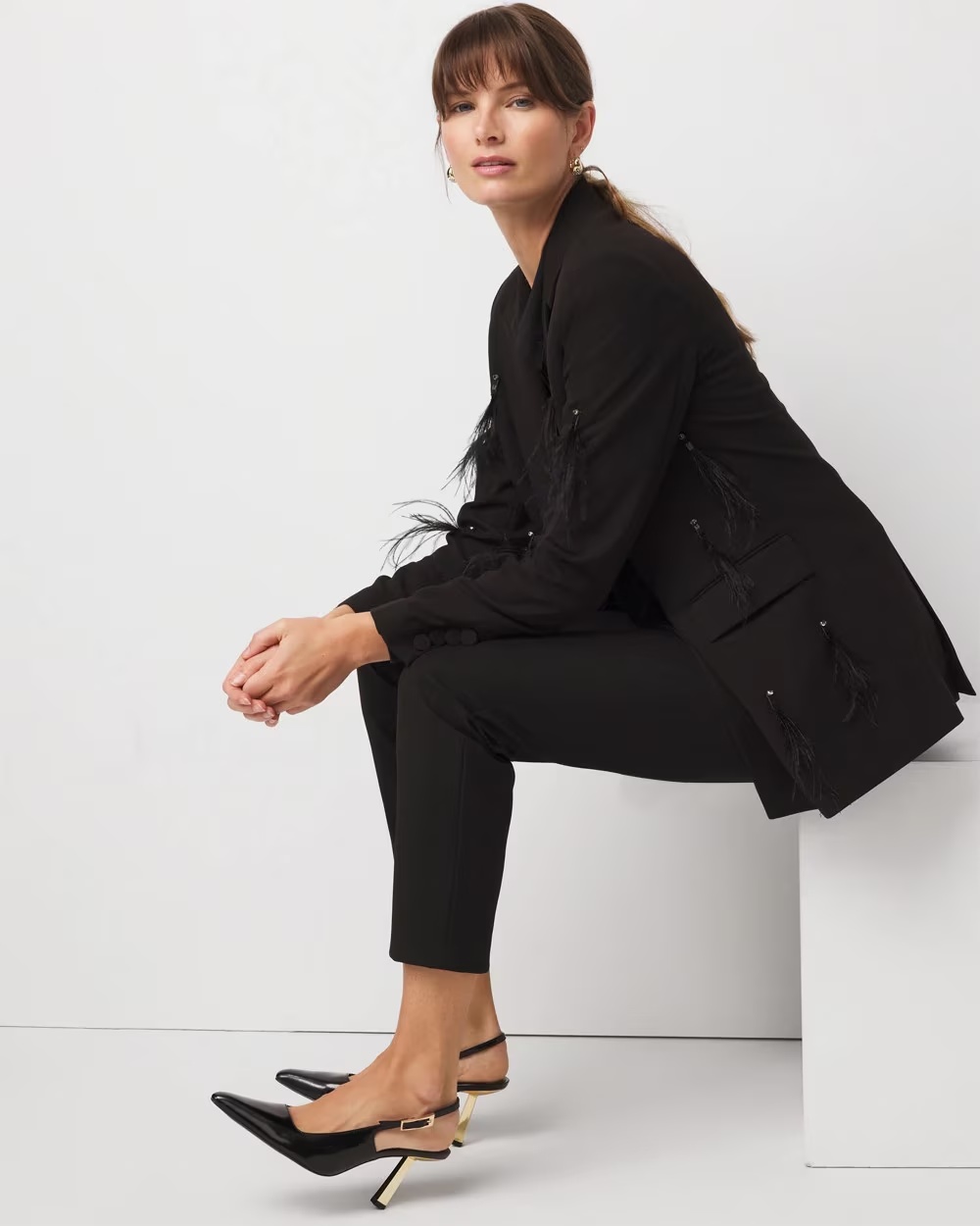 Feather Embellished Double-Breasted Blazer Black