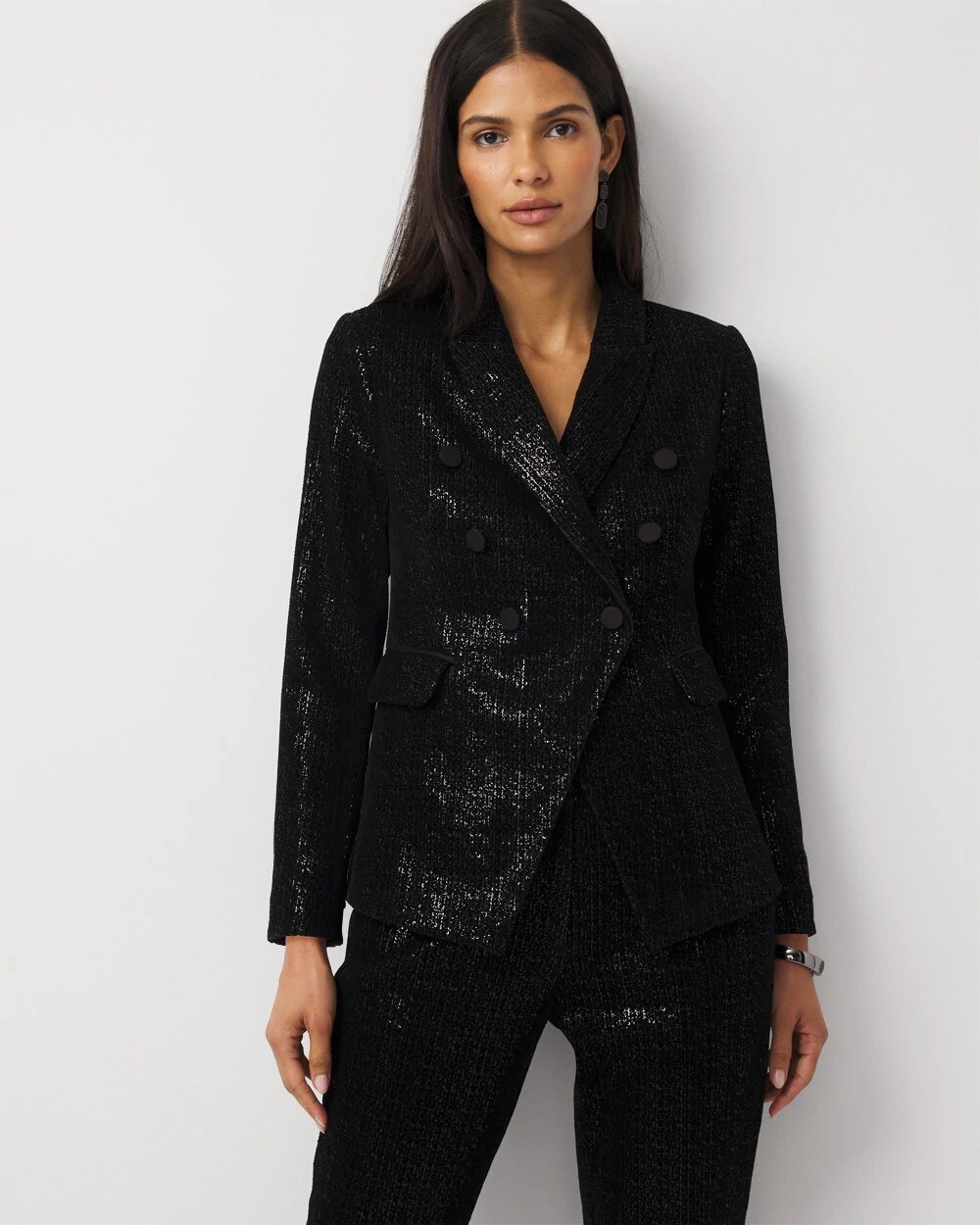 Petite Sequin Velvet Double Breasted Blazer Black